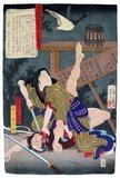 From the series: Azuma no Nishiki Ukiyo Kodan (東錦浮世稿談), 'Tales from the Floating World on Eastern Brocade'.<br/><br/>

Tsukioka Yoshitoshi (30 April 1839 – 9 June 1892) (Japanese: 月岡 芳年; also named Taiso Yoshitoshi 大蘇 芳年) was a Japanese artist and Ukiyo-e woodblock print master.<br/><br/>

He is widely recognized as the last great master of Ukiyo-e, a type of Japanese woodblock printing. He is additionally regarded as one of the form's greatest innovators. His career spanned two eras – the last years of Edo period Japan, and the first years of modern Japan following the Meiji Restoration. Like many Japanese, Yoshitoshi was interested in new things from the rest of the world, but over time he became increasingly concerned with the loss of many aspects of traditional Japanese culture, among them traditional woodblock printing.<br/><br/>

By the end of his career, Yoshitoshi was in an almost single-handed struggle against time and technology. As he worked on in the old manner, Japan was adopting Western mass reproduction methods like photography and lithography. Nonetheless, in a Japan that was turning away from its own past, he almost singlehandedly managed to push the traditional Japanese woodblock print to a new level, before it effectively died with him.